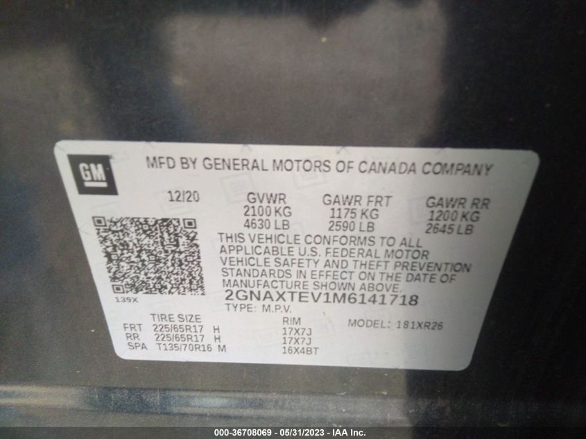 2021 CHEVROLET EQUINOX LT - 2GNAXTEV1M6141718