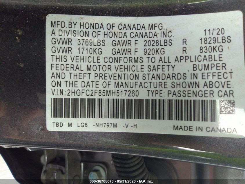 2021 HONDA CIVIC SEDAN SPORT - 2HGFC2F85MH517260