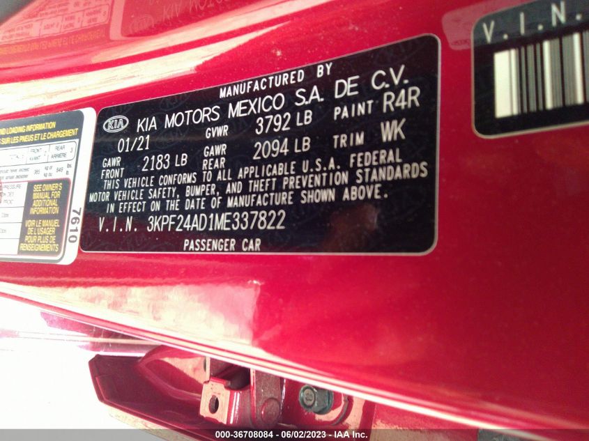 2021 KIA FORTE LXS - 3KPF24AD1ME337822