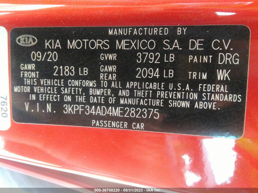2021 KIA FORTE GT-LINE - 3KPF34AD4ME282375