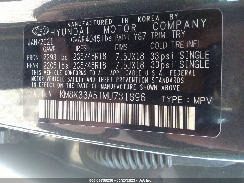 2021 HYUNDAI KONA LIMITED - KM8K33A51MU731896