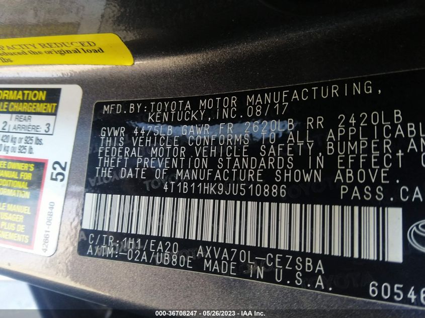 2018 TOYOTA CAMRY SE - 4T1B11HK9JU510886