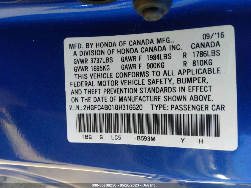 2016 HONDA CIVIC COUPE LX-P - 2HGFC4B01GH316620