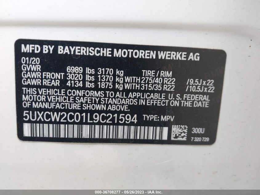 2020 BMW X7 XDRIVE40I 5UXCW2C01L9C21594