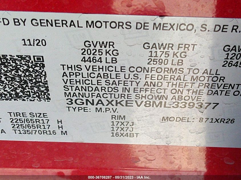 2021 CHEVROLET EQUINOX LT - 3GNAXKEV8ML339377