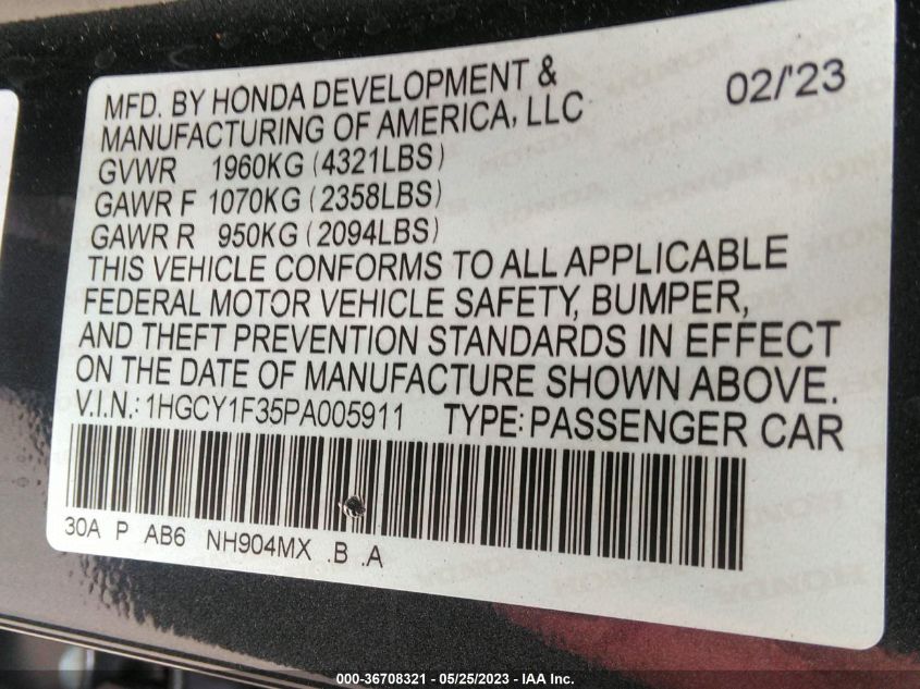 2023 HONDA ACCORD SEDAN EX - 1HGCY1F35PA005911