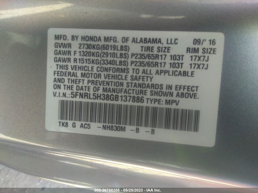2016 HONDA ODYSSEY SE - 5FNRL5H38GB137886