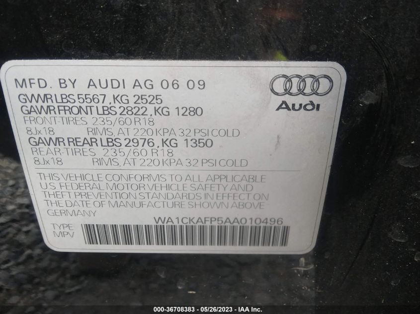 WA1CKAFP5AA010496 2010 AUDI Q5, photo no. 9