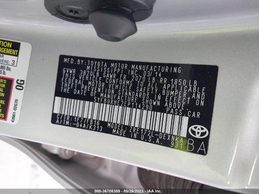 2014 TOYOTA COROLLA L/LE/S/S PLUS/LE PLUS - 5YFBURHE2EP114290