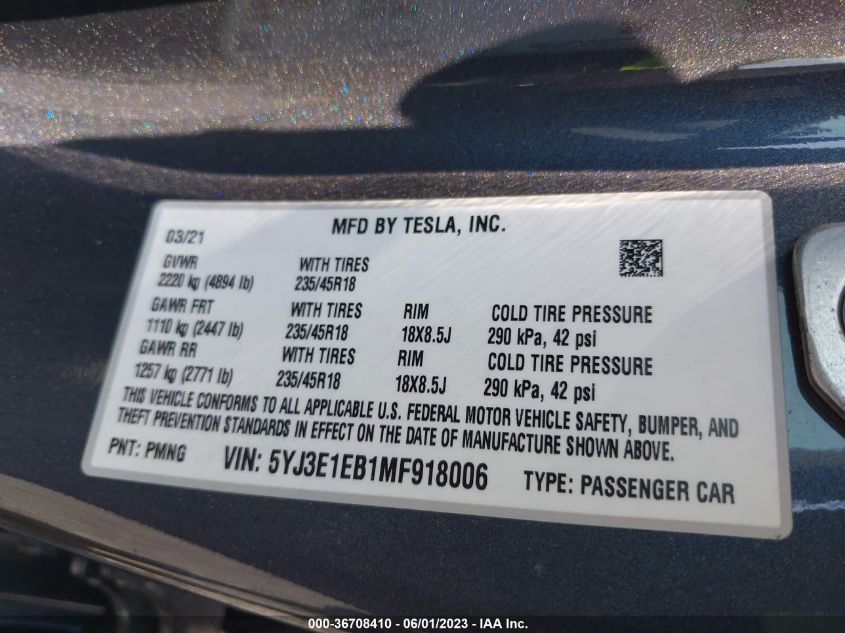 2021 TESLA MODEL 3 LONG RANGE - 5YJ3E1EB1MF918006