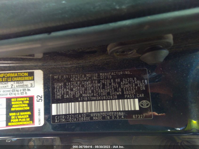2019 TOYOTA CAMRY LE/SE/XLE/L - 4T1B11HK6KU832838