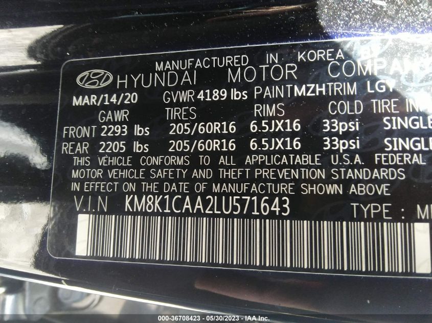 2020 HYUNDAI KONA SE - KM8K1CAA2LU571643