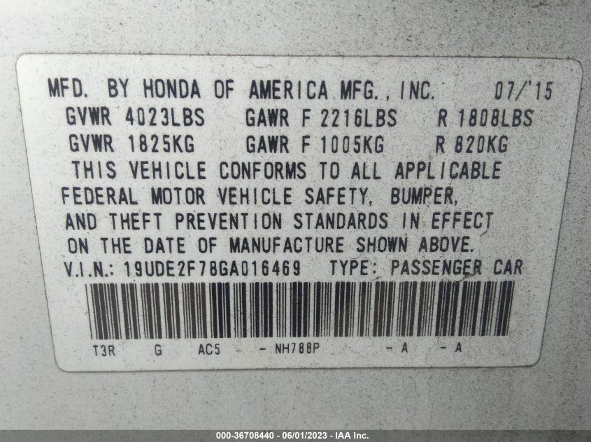 2016 ACURA ILX W - 19UDE2F78GA016469