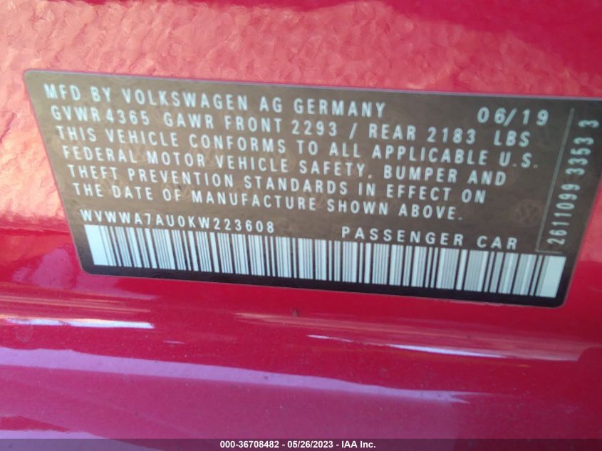 2019 VOLKSWAGEN GOLF R - WVWWA7AU0KW223608