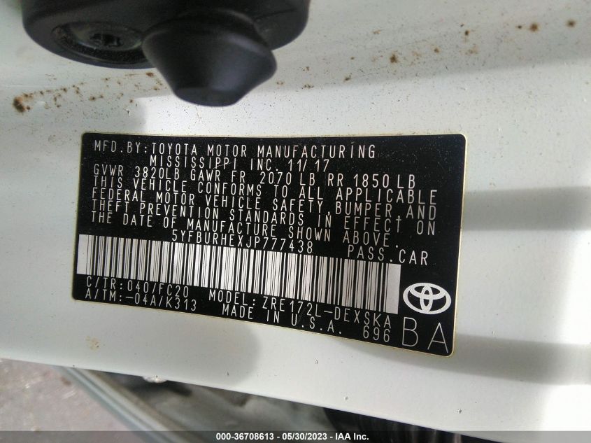 2018 TOYOTA COROLLA L/LE/XLE/SE/XSE - 5YFBURHEXJP777438