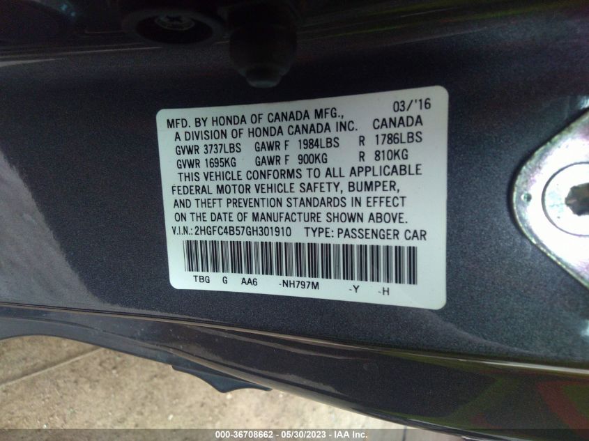 2016 HONDA CIVIC COUPE LX - 2HGFC4B57GH301910