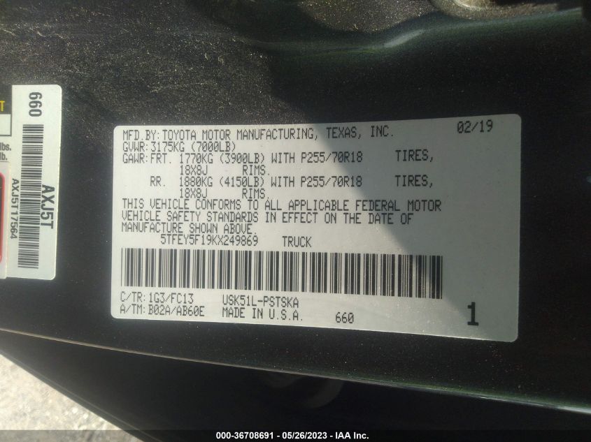 2019 TOYOTA TUNDRA 2WD SR5/LIMITED/PLATINUM - 5TFEY5F19KX249869