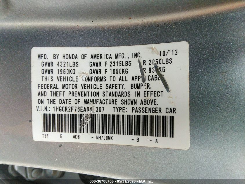 2014 HONDA ACCORD SEDAN EX - 1HGCR2F76EA042307