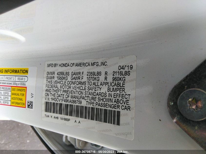 2019 HONDA ACCORD SEDAN EX 1.5T - 1HGCV1F49KA086759