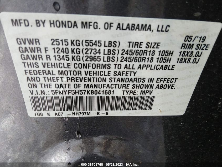 2019 HONDA PILOT EX-L - 5FNYF5H57KB041681