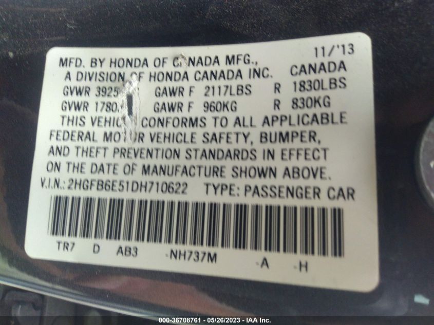 2013 HONDA CIVIC SDN SI - 2HGFB6E51DH710622