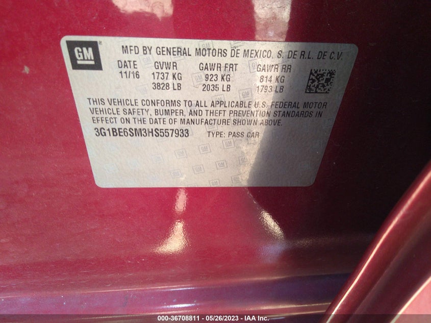 VIN 3G1BE6SM3HS557933 2017 CHEVROLET CRUZE LT