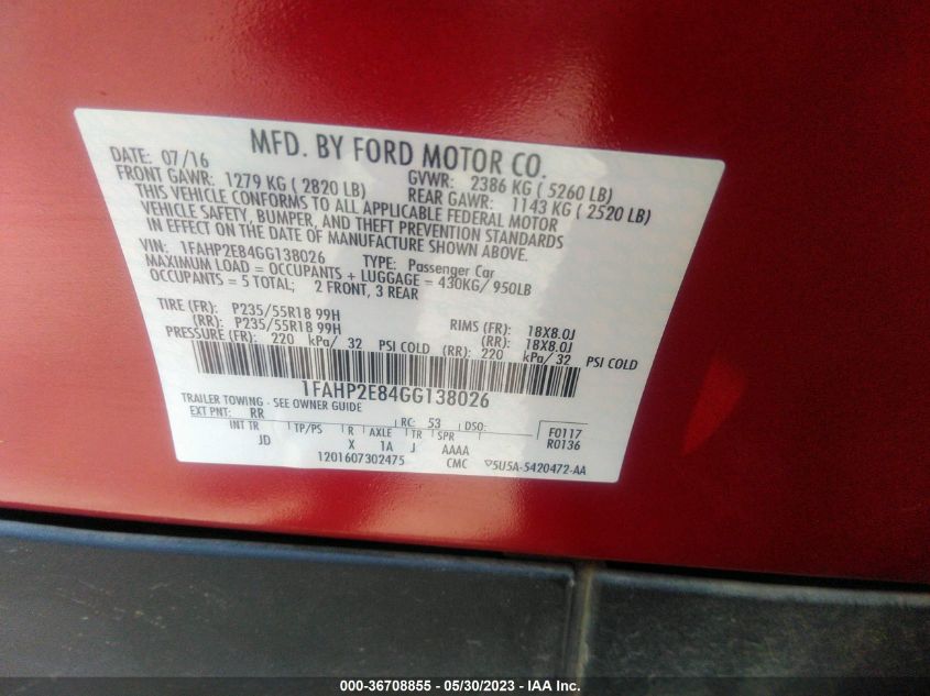 2016 FORD TAURUS SEL - 1FAHP2E84GG138026