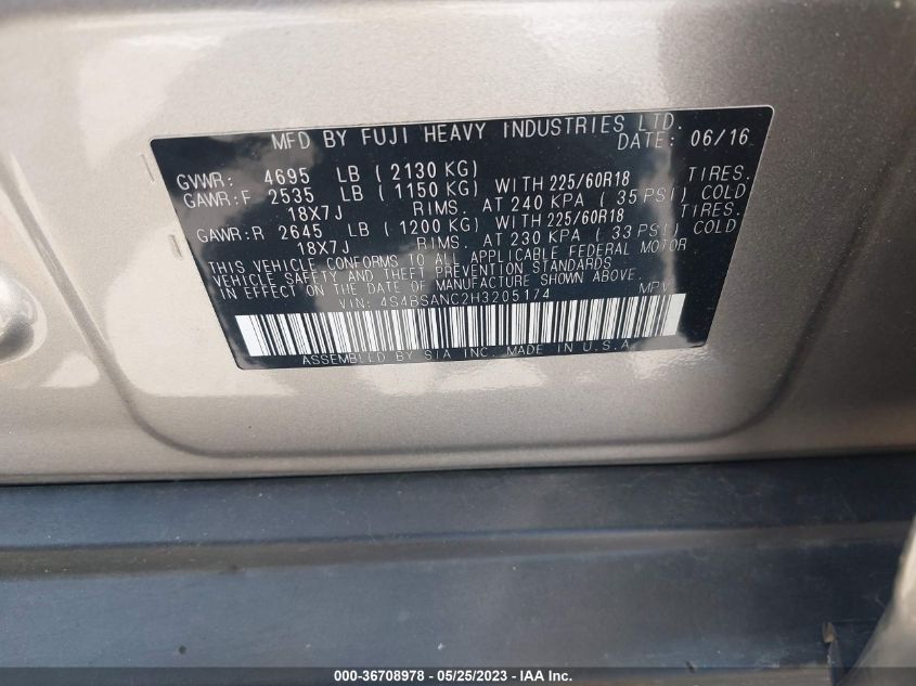 2017 SUBARU OUTBACK LIMITED - 4S4BSANC2H3205174