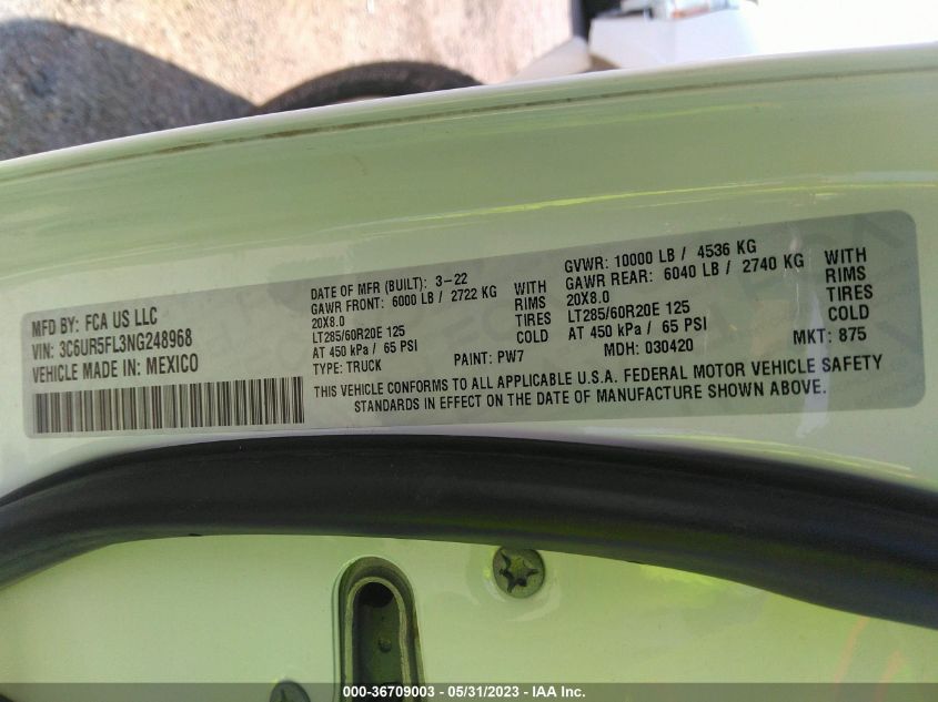 2022 RAM 2500 LARAMIE - 3C6UR5FL3NG248968