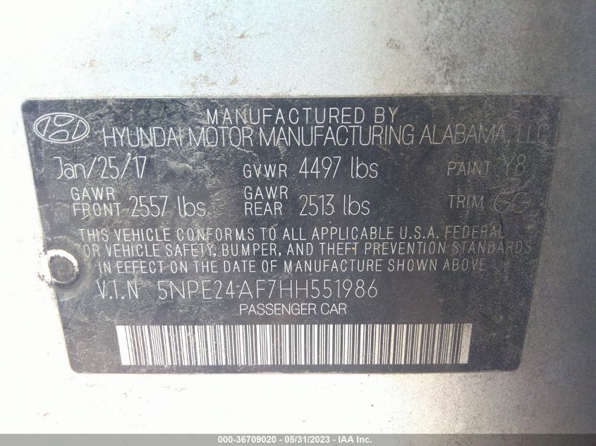 2017 HYUNDAI SONATA 2.4L - 5NPE24AF7HH551986