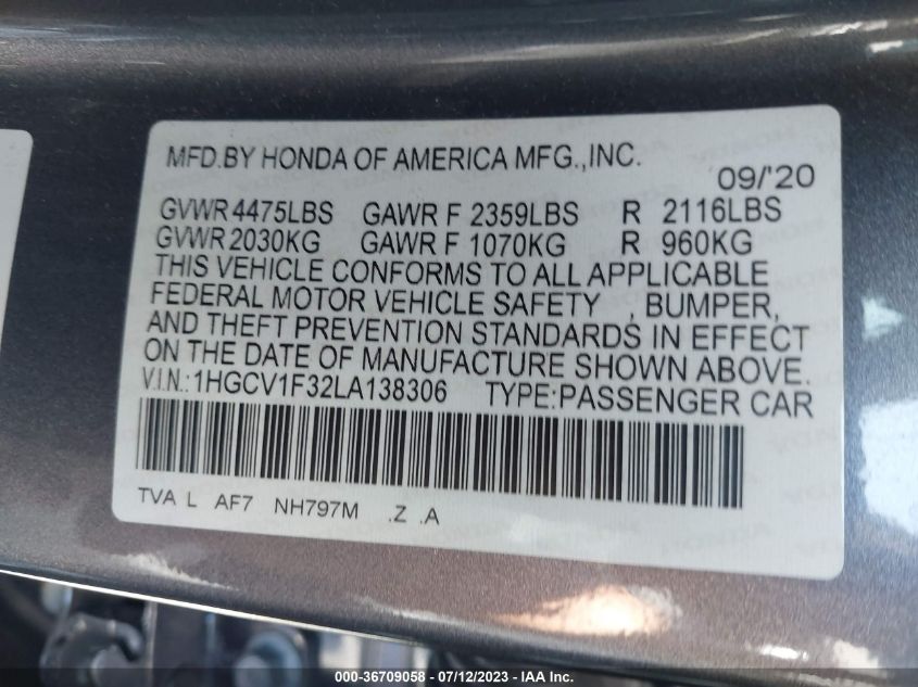 2020 HONDA ACCORD SEDAN SPORT - 1HGCV1F32LA138306