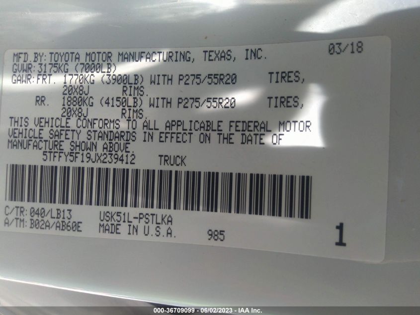2018 TOYOTA TUNDRA 2WD SR5/LIMITED/PLATINUM - 5TFFY5F19JX239412