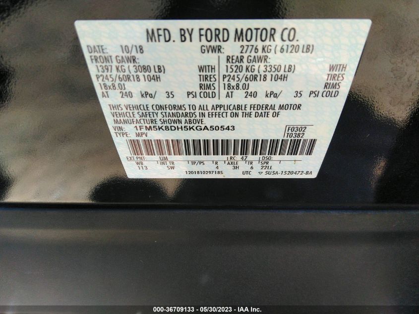 2019 FORD EXPLORER XLT - 1FM5K8DH5KGA50543