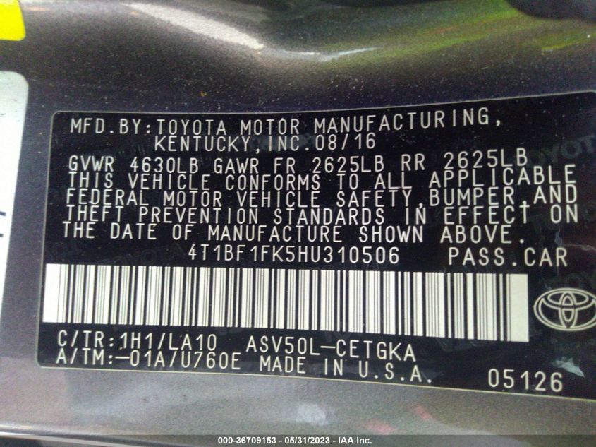 2017 TOYOTA CAMRY XLE/SE/LE/XSE - 4T1BF1FK5HU310506