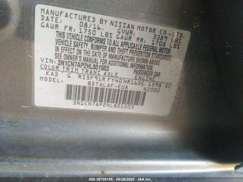 2017 NISSAN VERSA SEDAN S - 3N1CN7AP2HL801503