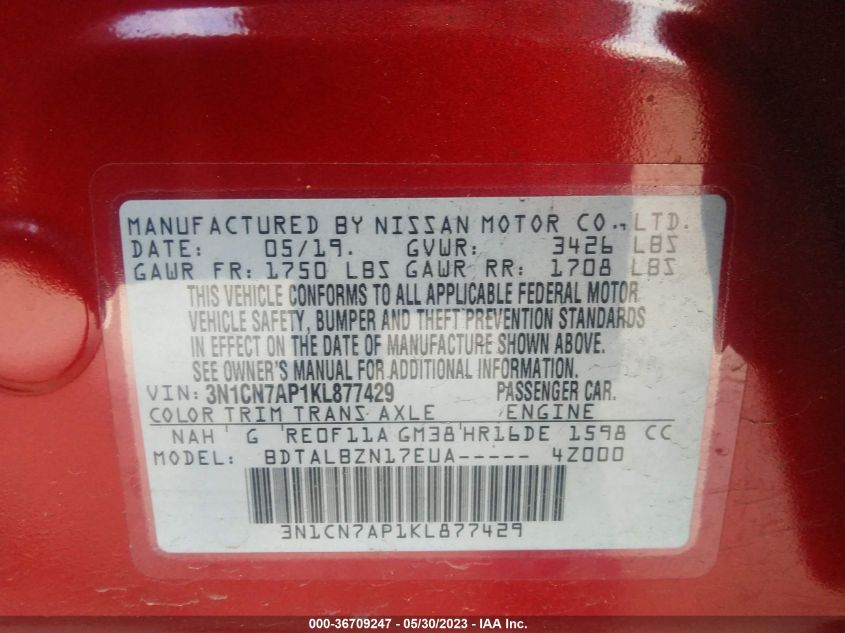 2019 NISSAN VERSA SEDAN SV - 3N1CN7AP1KL877429