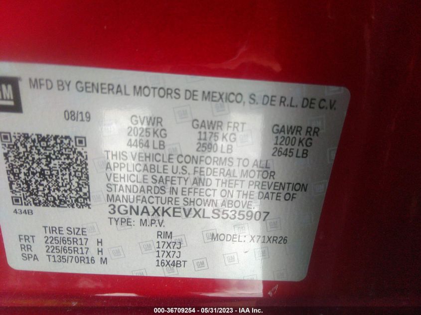 2020 CHEVROLET EQUINOX LT - 3GNAXKEVXLS535907