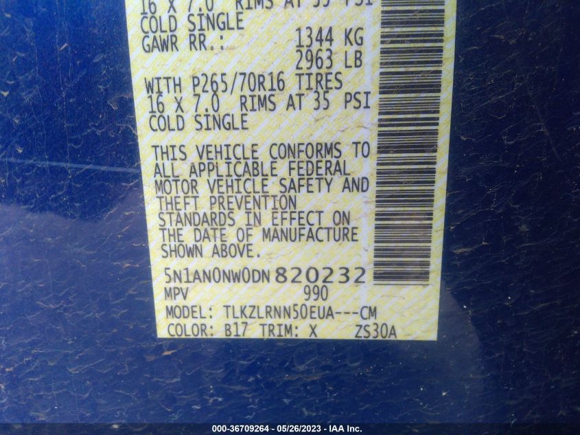 2013 NISSAN XTERRA S 5N1AN0NW0DN820232