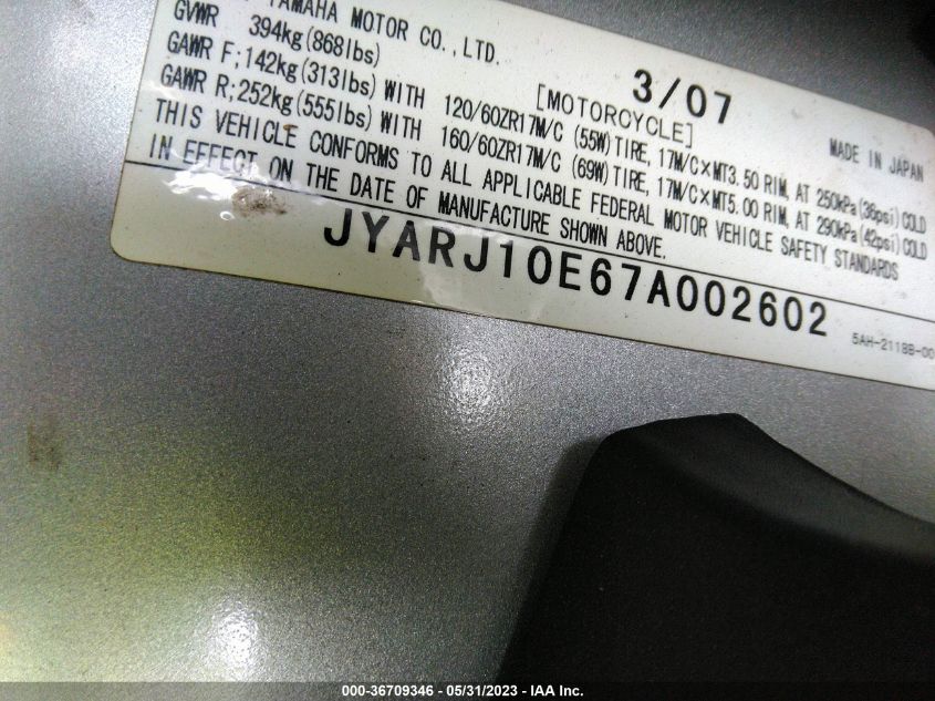 2007 YAMAHA YZF600 R JYARJ10E67A002602
