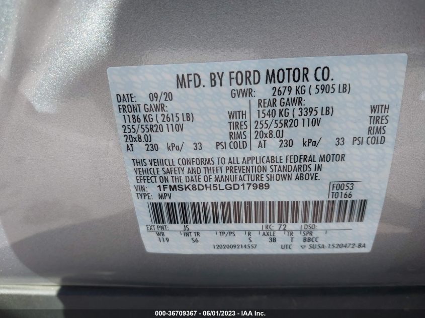 2020 FORD EXPLORER XLT - 1FMSK8DH5LGD17989