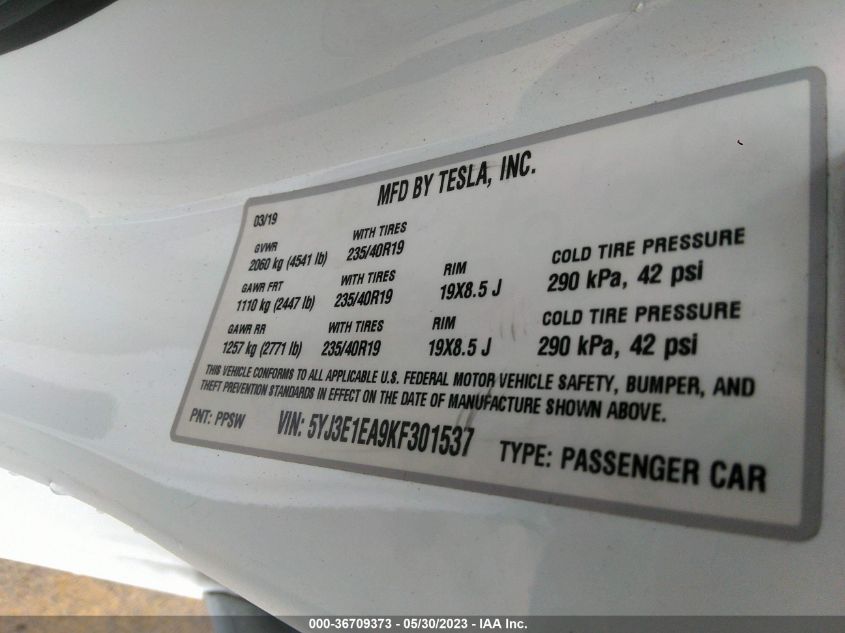 2019 TESLA MODEL 3 RANGE - 5YJ3E1EA9KF301537