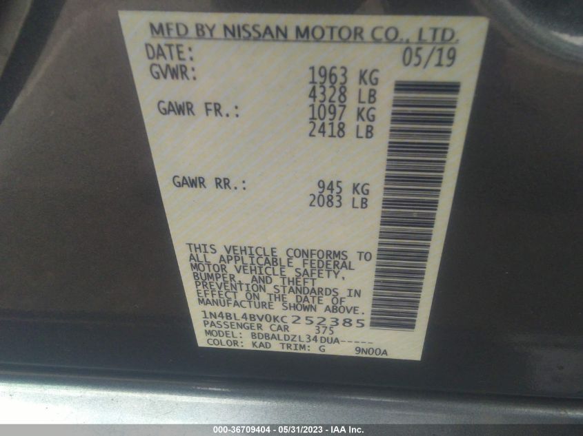 2019 NISSAN ALTIMA 2.5 S - 1N4BL4BV0KC252385