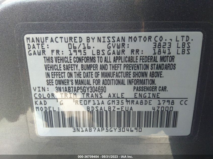 2016 NISSAN SENTRA S - 3N1AB7AP5GY304690