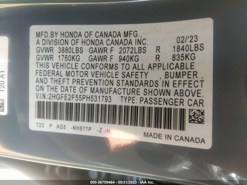 2023 HONDA CIVIC SEDAN SPORT - 2HGFE2F55PH531793