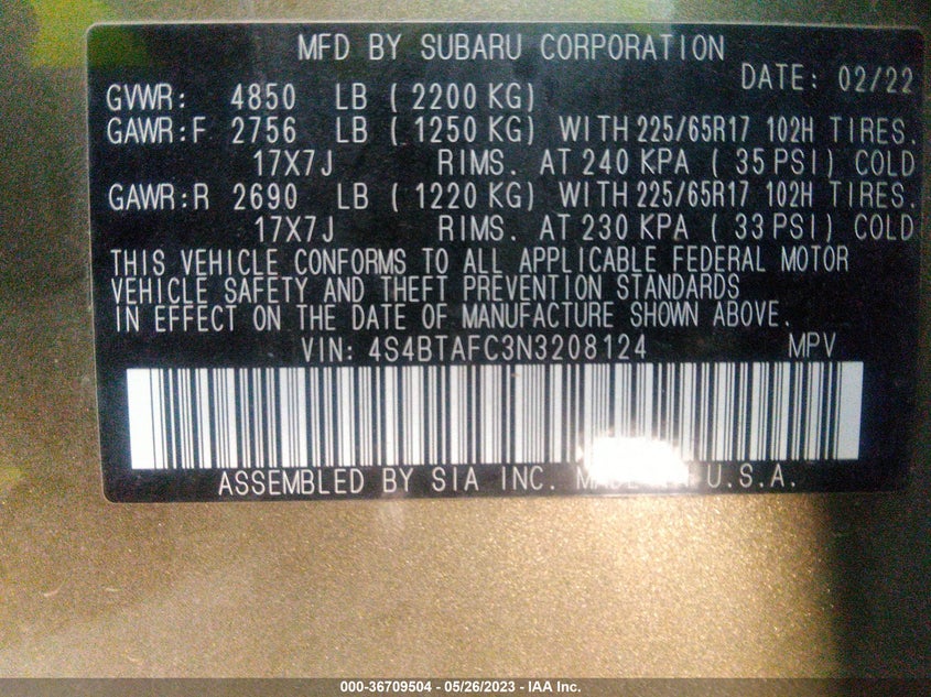 VIN 4S4BTAFC3N3208124 2022 SUBARU OUTBACK PREMIUM