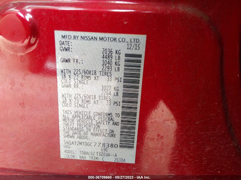 2016 NISSAN ROGUE SL - 5N1AT2MT0GC778380