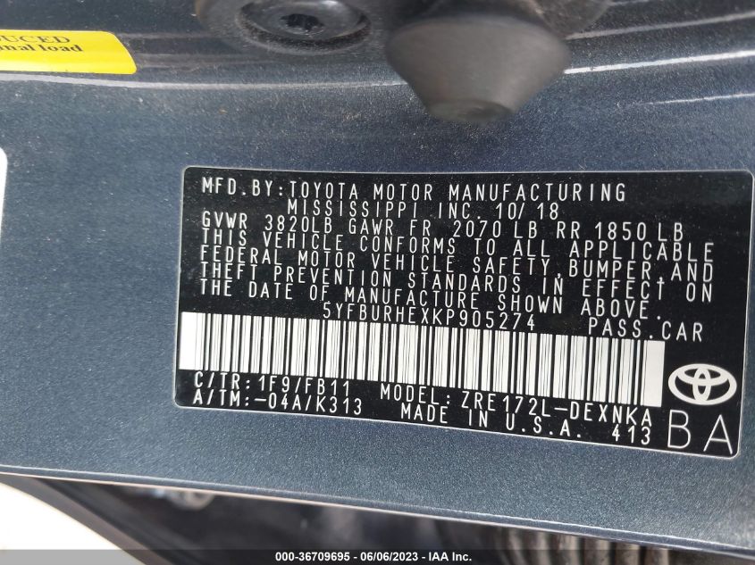 2019 TOYOTA COROLLA L/LE/SE/XLE/XSE - 5YFBURHEXKP905274
