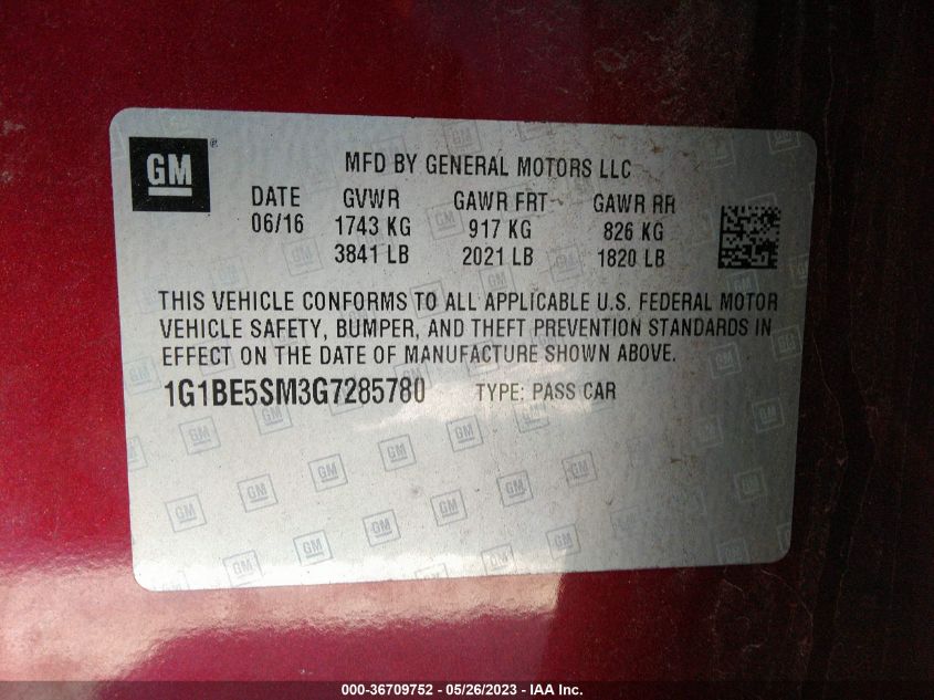 2016 CHEVROLET CRUZE LT - 1G1BE5SM3G7285780