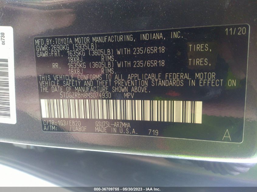 2021 TOYOTA HIGHLANDER XLE - 5TDGZRBH8MS074930