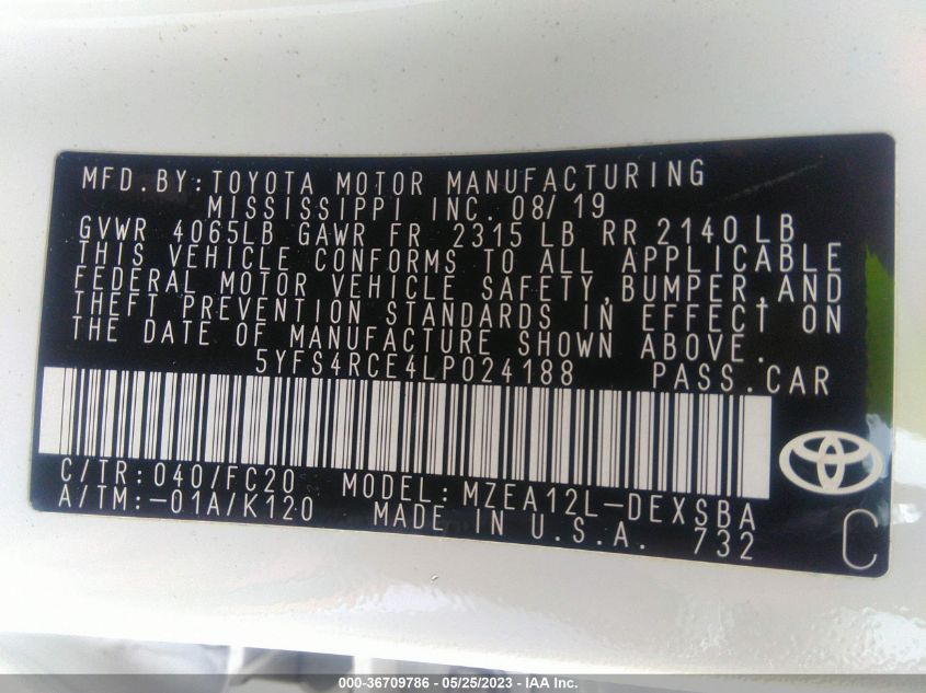2020 TOYOTA COROLLA SE/NIGHTSHADE - 5YFS4RCE4LP024188